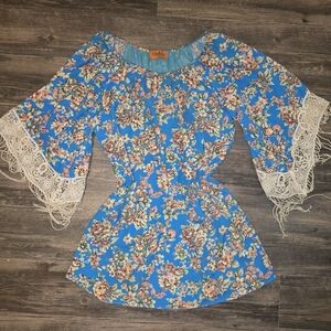 Vintage Voom by Joy Han Blue Floral Lace Fringe Bell Sleeve Mini Dress Size L US